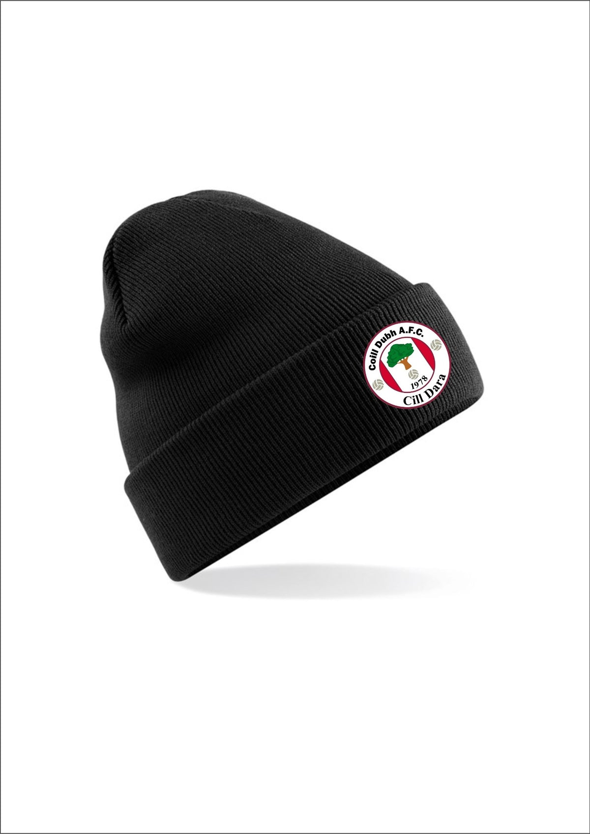 Coill Dubh AFC black beanie featuring the club crest
